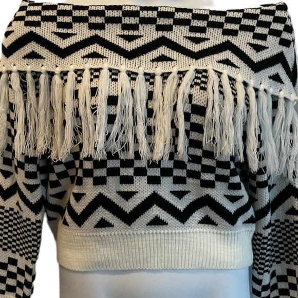 Main Strip Bohemian Crop Black And White Sweater. NWOT. Size Small - Picture 2 of 8